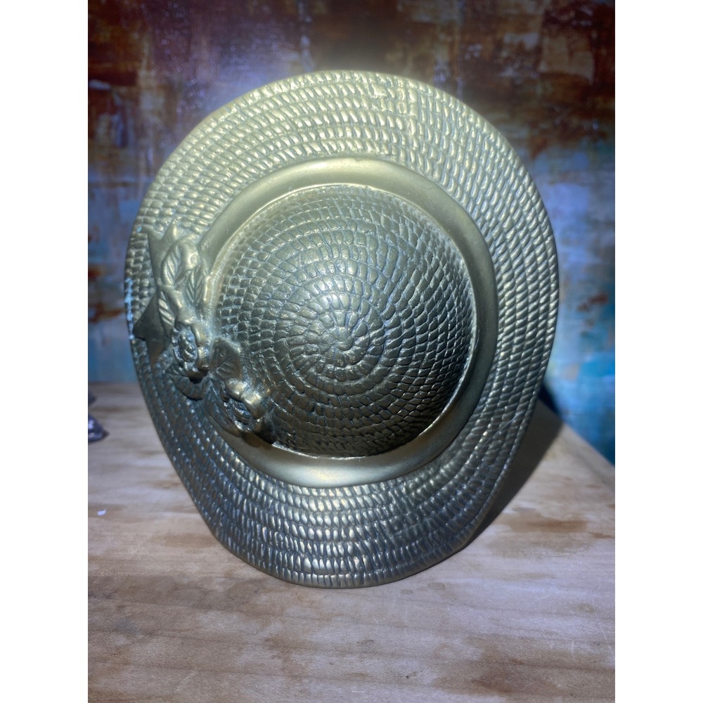 Vintage Solid Brass Sun Hat Bookends Woven Floral Straw Hat Decor Pair Heavyā